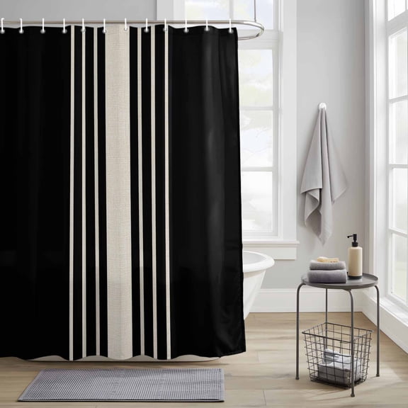 Bathroom Shower Curtain Black Stripe Line Waterproof Shower Curtains with Hooks, Retro Linen Bath Curtains Bathtub Curtain Home Decor 36x72in