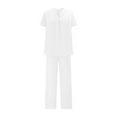 thumbnail image 4 of Ladies Business Outfits Women Loose Casual Solid Color Outfits Linen Set Short Sleeved V-Neck Blouse Tops Pants Outwear Travel Clothing Set White 4XL, 4 of 8