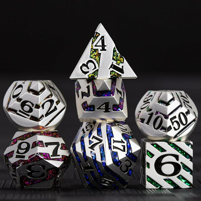Dados de rayas metálicas con estuche de regalo Juegos de dados poliédricos de metal D&D para juegos de mesa (plata perla en siete colores)