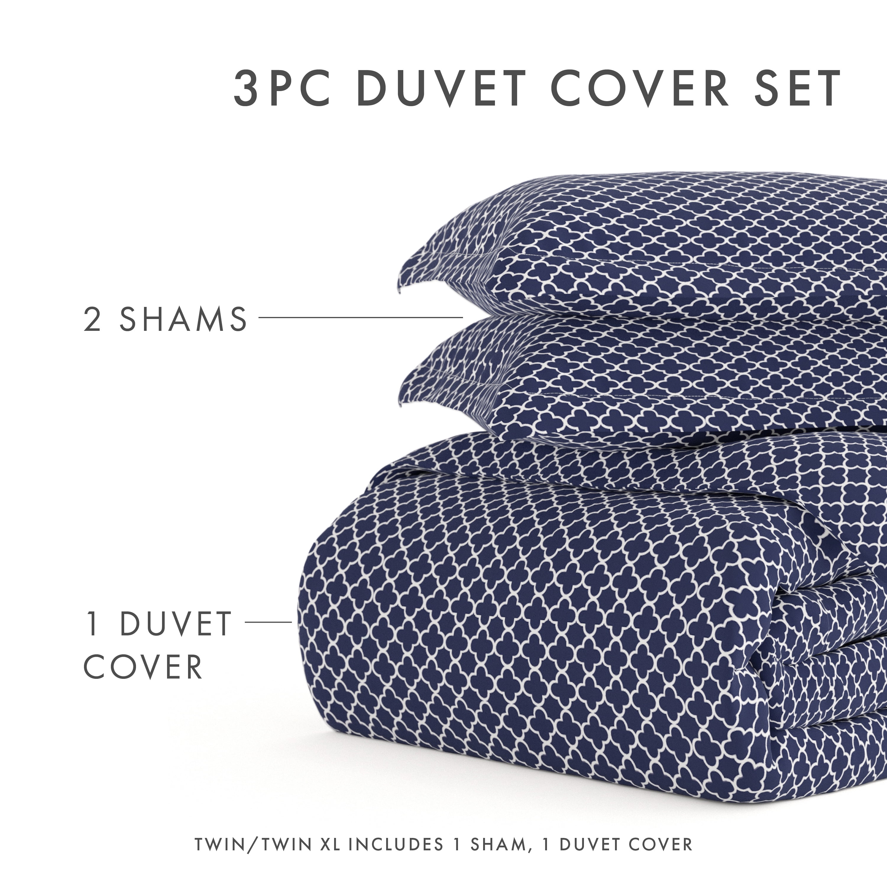 Noble Linens Navy Quatrefoil Pattern Duvet Set 2-Piece Duvet Cover Set, Twin/TwinXL