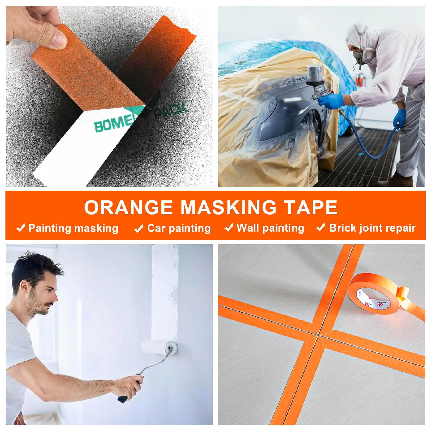 2 Inch Wide Masking Tape, Orange Painters Tape 3 Rolls x 2 inch x 60 Yards (180 Total Yards) Residue-Free Painting Tape for Labeling, DIY Crafting, Decoration and School Projects