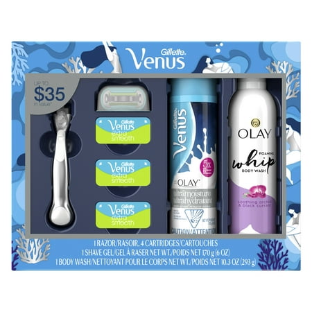Gillette Venus Extra Smooth Platinum Women's Razor Holiday Gift Pack including 1 Razor, 4 Razor Blades, 1 Shave Gel, and 1 Body