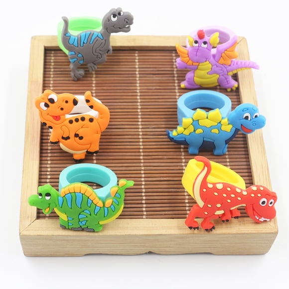 Juego de 6 anillos de PVC con dibujos de dinosaurios, bonitos anillos de PVC suave para dedo, regalo para niños