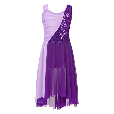 inlzdz Girls Sequins Lyrical Modern Contemporary Dance Dress Gymnastic Ballet Dance Overlay Costume Purple 14