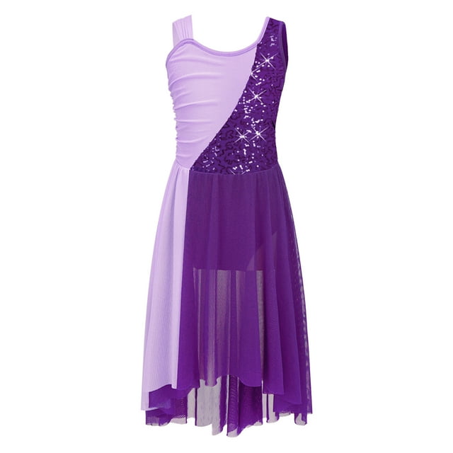 Mufeng Robe de Danse Sans Manches à Paillettes pour Filles Enfants, Costumes de Danse Lyrique Moderne Contemporaine, Violet 16