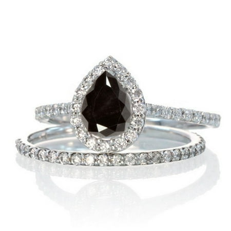 Diamond Brick - 2 Carat Pear Cut Black and White Diamond Halo Bridal Wedding Engagement Ring Set for Woman in 10k White Gold