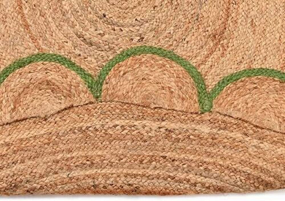 Natural Farmhouse Jute Round Rug with Green Border Design, Scalloped Round Rug Size 2 x 2 Feet