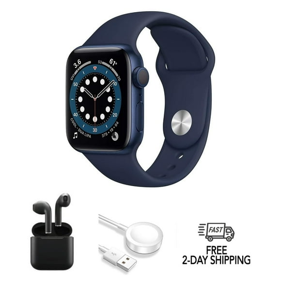 Refurbished Apple Watch Series 6 Aluminum 40mm A2291 (GPS Only, No Cellular) Blue (Grade B) w/ Wireless Earbuds