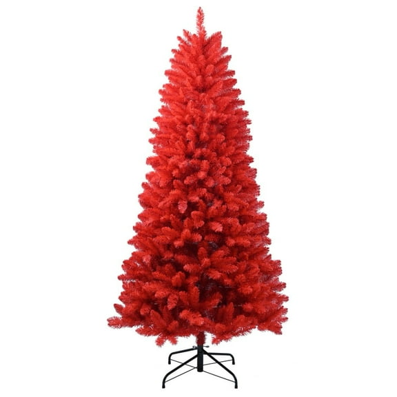 6FT Red Artificial Christmas Tree Without Lights, Classic Spruce Full Xmas Tree with 804 PVC Branch Tips, Metal Foldable Base, Perfect for Home, Office