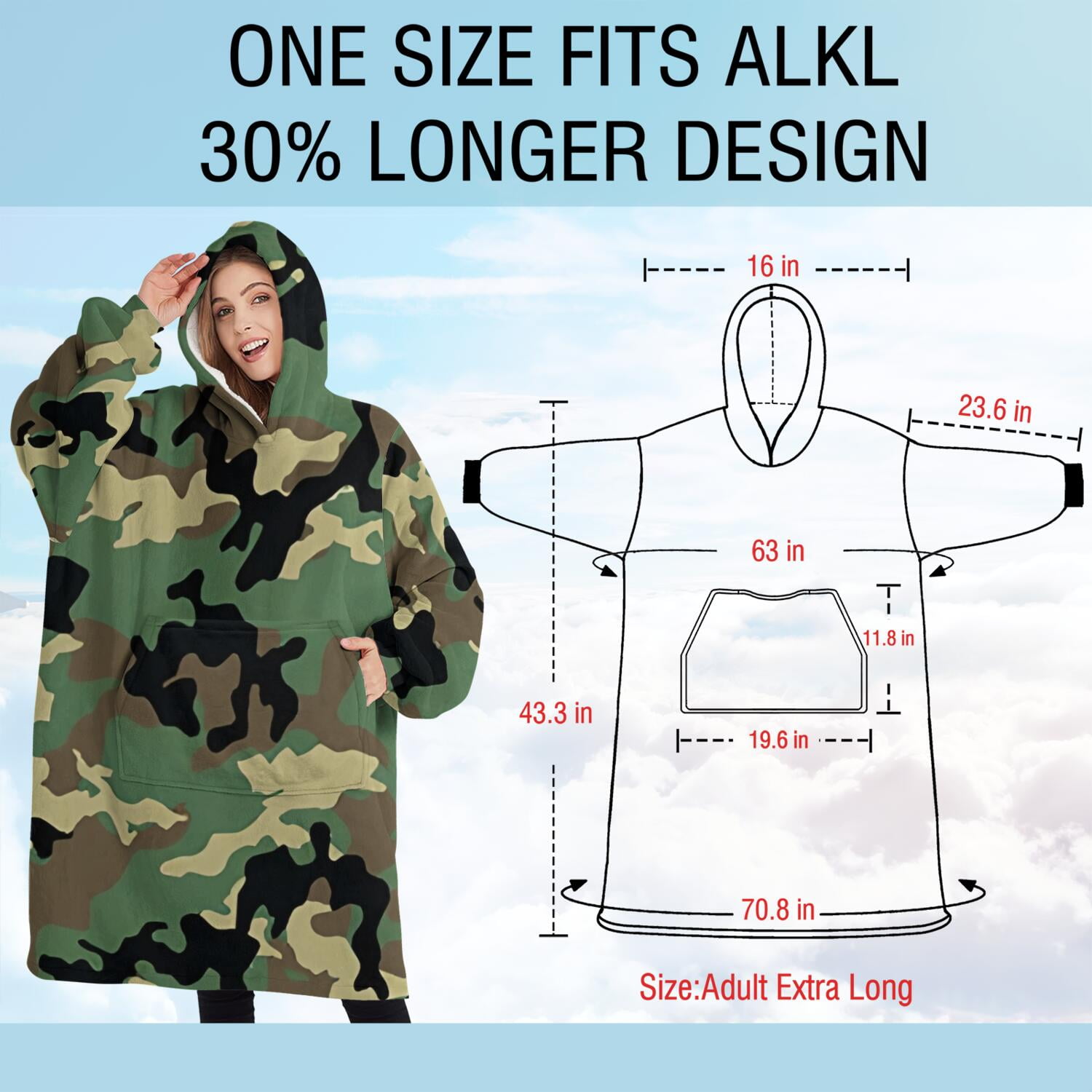 Oversized Wearable Blanket Hoodie,Classic Camo Green Black Pattern Sherpa Blanket Hoodie with Super Pockets,Super Warm Fuzzy Pullover for Women & Men