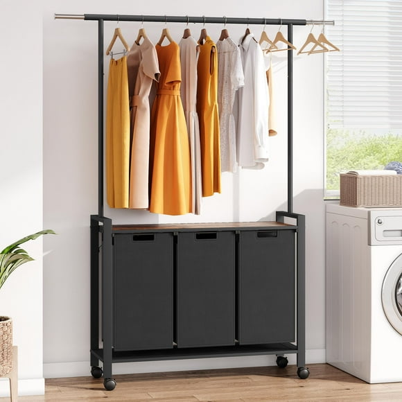 Laundry Basket With Wheels, Laundry Sorter 3 Section With Extendable Hanging Bar, 3 × 13 Gal (49.2 L), With Rolling Lockable Wheels And Shelf, With Hanging Rack, For Laundry Room