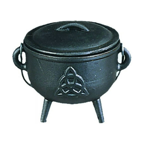 Triquetra 4.5" Small Cast Iron Cauldron with Lid and Carry Handle for Spells, Smudging, Ritual & Blessings