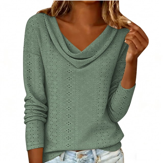 Moxiu Tunique à Oeillets à Col Bénitier de Printemps pour Femme, Manches Longues, Chic Décontractée, Élégante, Ample, Bureau, Vert, TG