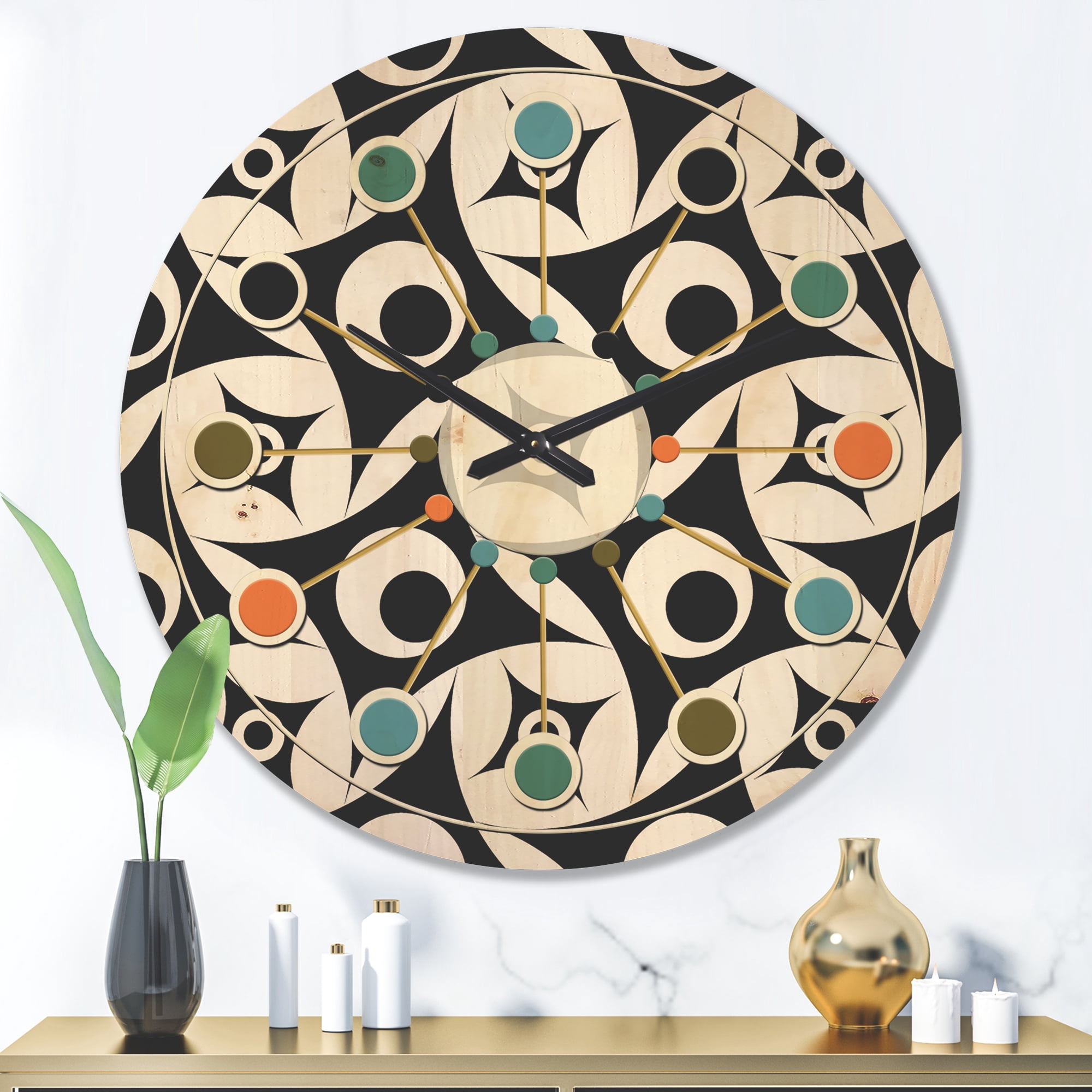 Designart 'Black and White Geometric Pattern VII' Mid-Century Modern Wood Wall Clock