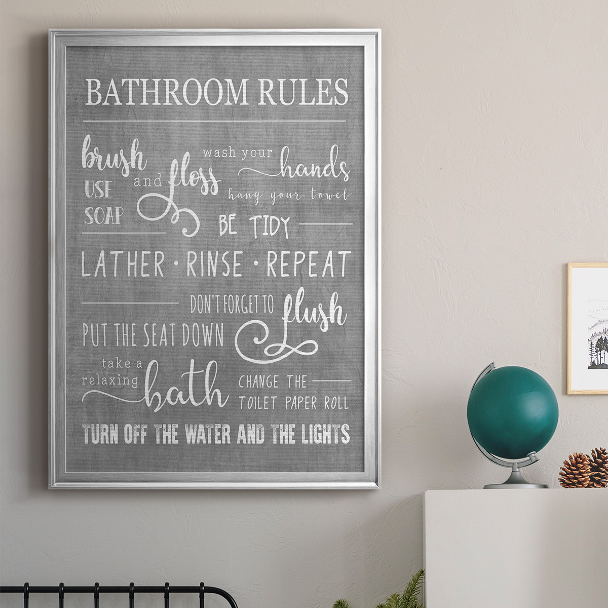 Neutral Bathroom Rules Premium Framed Print - Ready to Hang