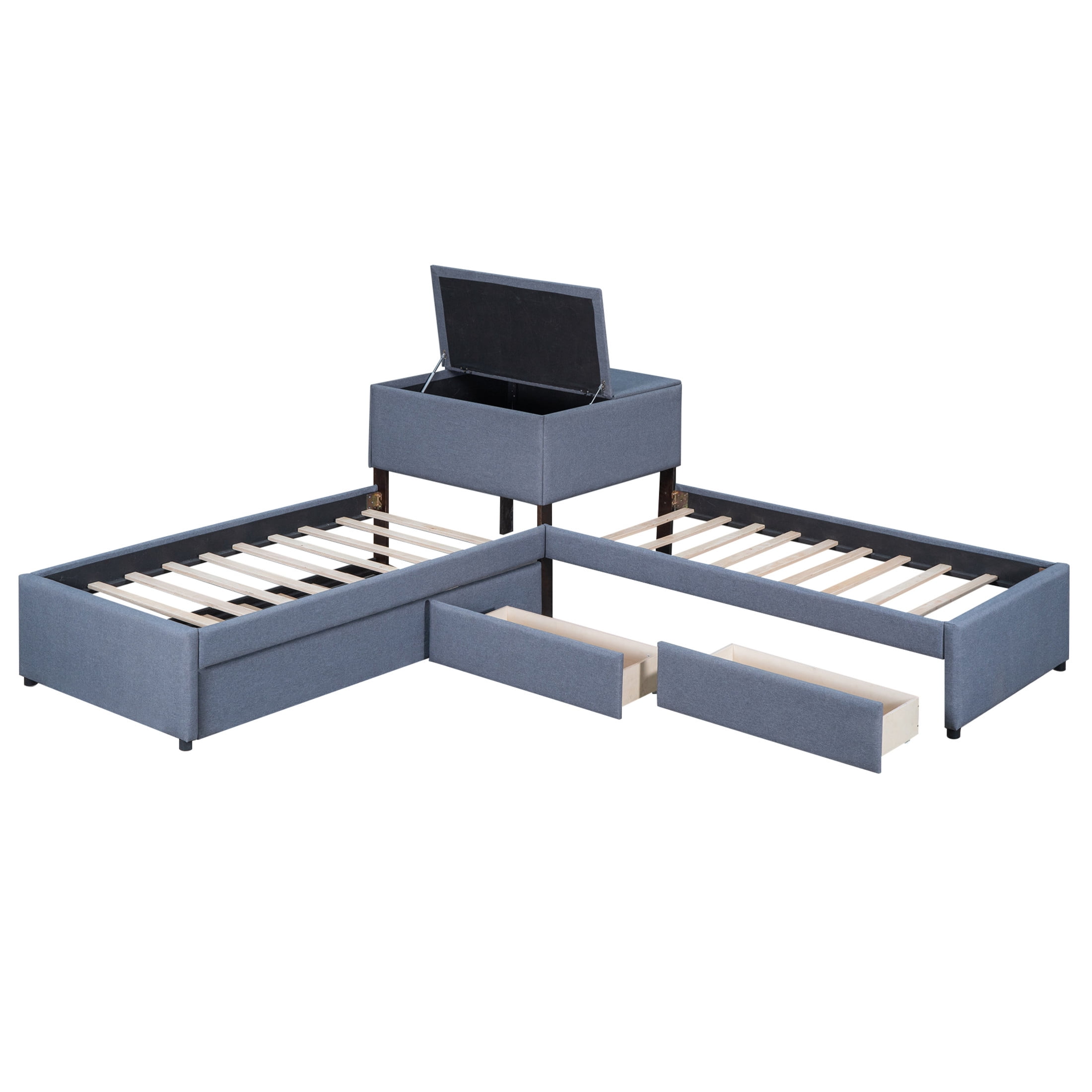 Noble House Solen Twin Size L-Shaped Upholstered Platform Bed with Trundle, Built-in Desk and Storage Drawers, Gray