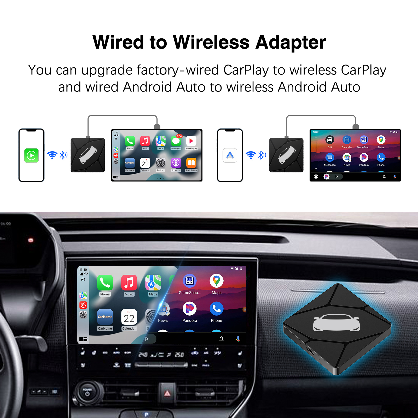 FBINSE Adattatore Wireless CarPlay/Android Auto – Trasforma Il Cablato In Wireless Per Oltre 800 Auto