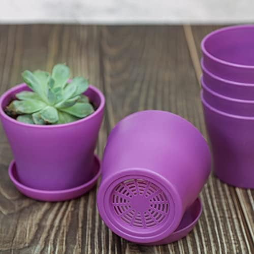 10 Pcs Plastic Planters Indoor Flower Plant Pots, Mini Flower Seedlings Nursery Pot/Planter/Flower Pot with Pallet, Modern Decorative Gardening Containers (Purple)