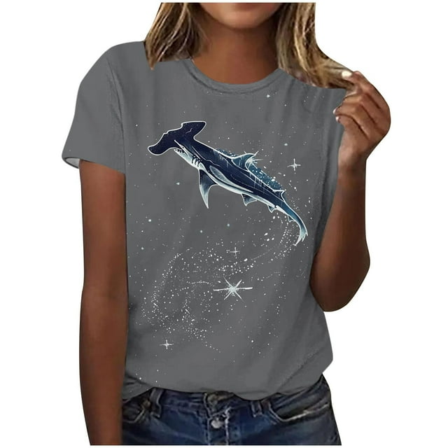 Tops de Ajuste Suelto para las Mujeres Sudadera Casual Impresa Manga Corta Cuello Redondo Superior, Poliéster