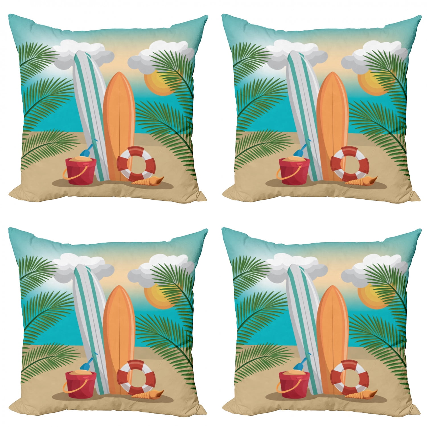Graphic Beach Throw Pillow Cushion Case Pack of 4, Summer Holiday Fun ...