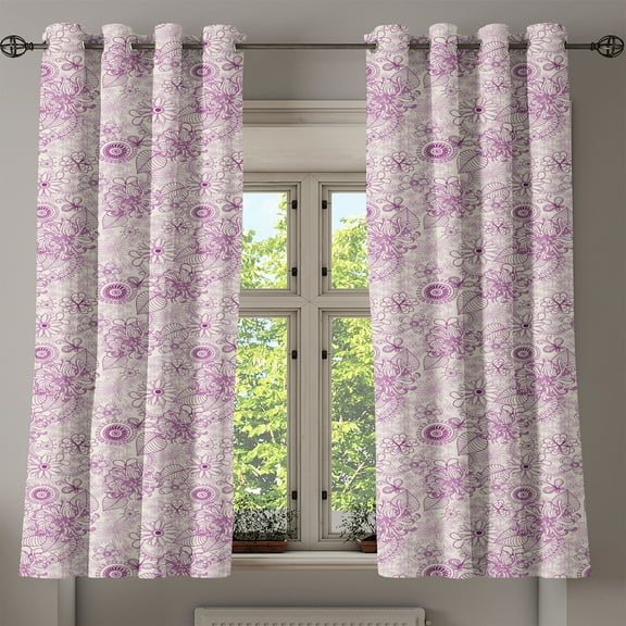 Ambesonne Floral Grommet Curtain, Retro Flowers Soft Tones, 50" x 63", Fuchsia Pale Pink