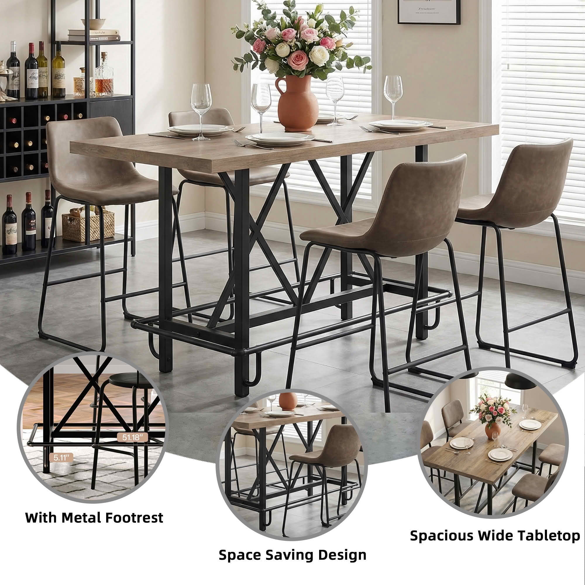 MAYEERTY 63" Counter Height Industrial Dining Table, 6-Seater Rustic Wooden Top & Metal Legs with Footrest, Multiuse Kitchen & Work Table