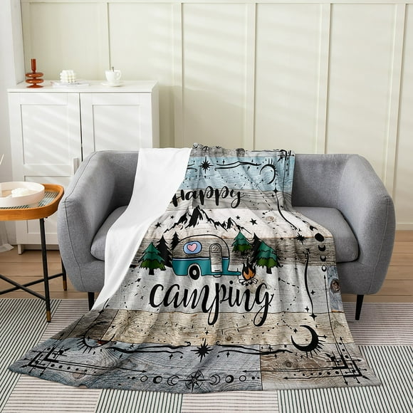 Happy Camping Fleece Blanket Throw 50x60,cartoon RV Vehicles Blanket,Old Barn Door Theme Throw Blanket,Camper Rustic Nature Fuzzy Blanket For Kids Boys Girls,Luxury Soft