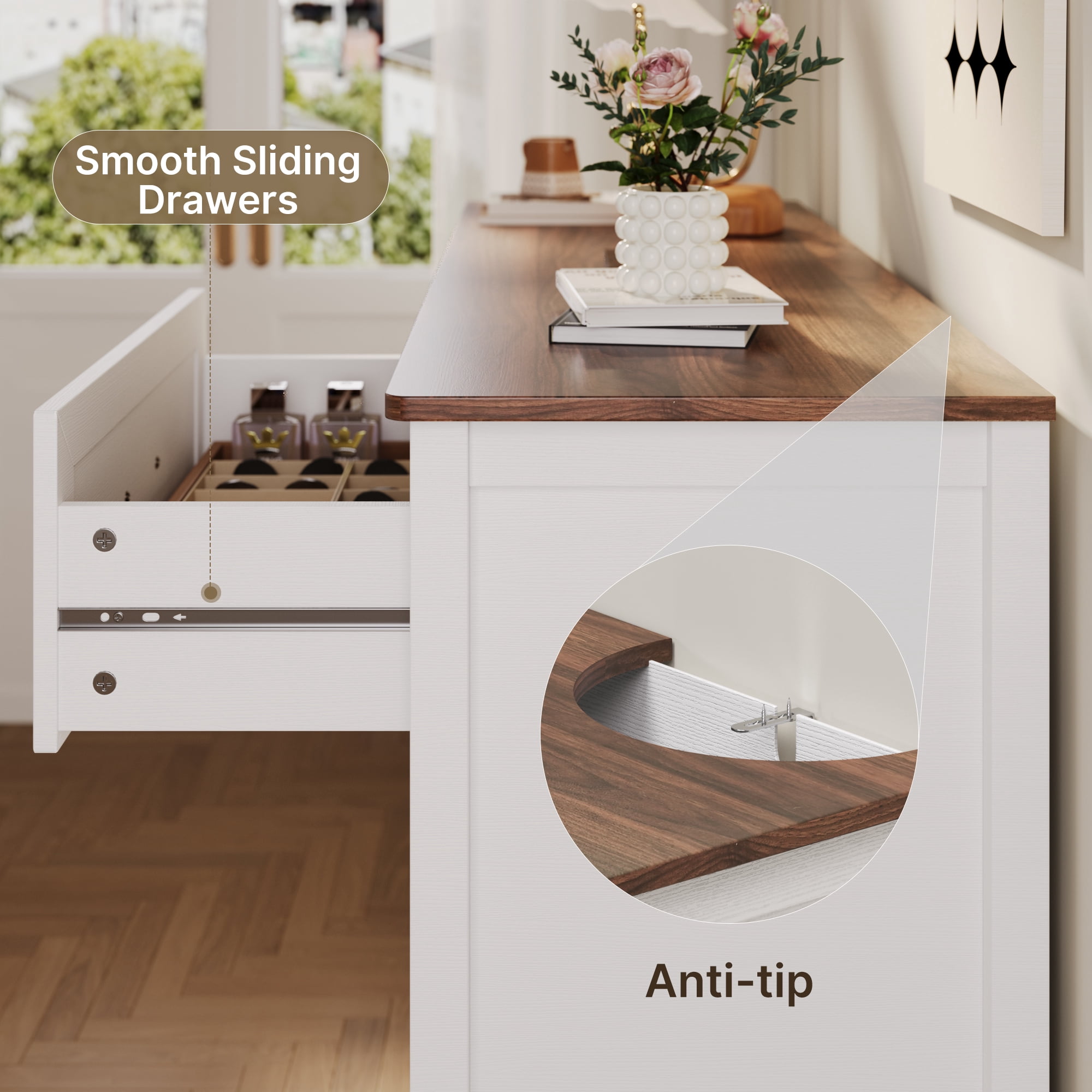 Aiho 6-Drawer Double Dresser - Modern Wood Chest with Anti-Tip Safety, Cutout Handles & Smooth Gliding Drawers | Nursery, Kids & Bedroom Storage - White