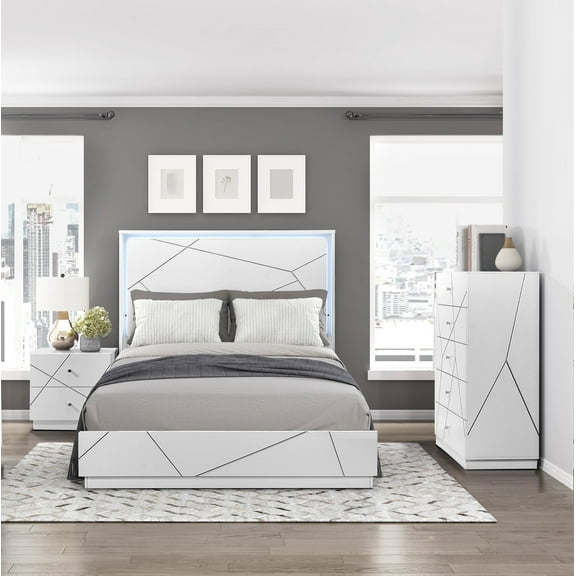 3-Piece Bedroom Furniture Set King Size Bed Chest Nightstand White Finish