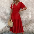thumbnail image 4 of Tqcoqu Women's Casual Summer Dress V Neck Short Sleeve Flowy Stretchy Comfort Fit for Daily Wear Work Midi Dresses,Red,Women's S-XXL, 4 of 7