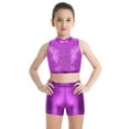 thumbnail image 2 of MSemis Kids Girls Shiny Sequins Outfits Cropped Tops with Glossy Shorts Purple 6, 2 of 6