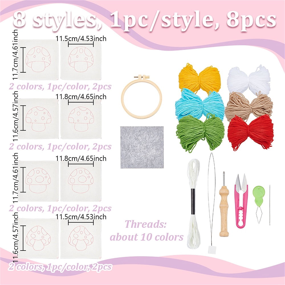 8Pcs 8 Styles DIY Polyester Coaster Punch Embroidery Starter Kits Including Threads Mushroom 116~117x115~118mm 1pc/style