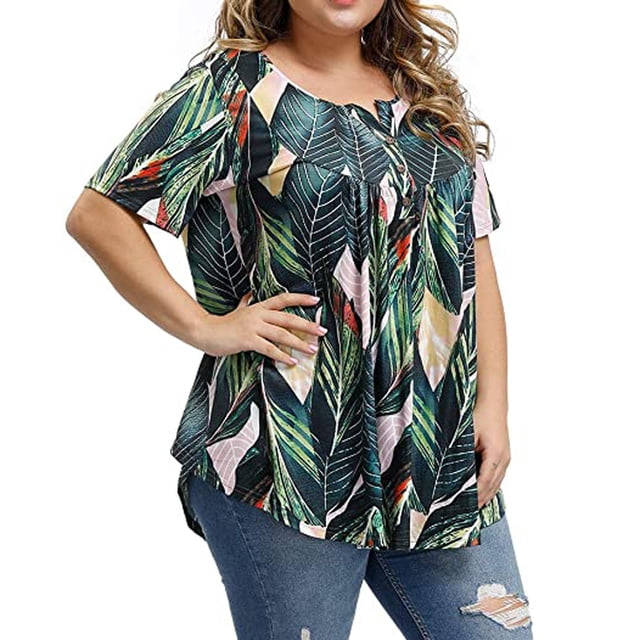 Leutsin Blouse à Manches Courtes à Imprimé Floral pour Femmes, Tunique à Col en V Boutonnée, Hauts Fluides