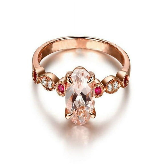 Sale Antique Design 1.25 Carat Peach Pink Morganite (Round Shaped) and Diamond with Ruby Engagement Ring in 10k Rose Gold