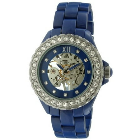 Womens Blue Ceramic Mechanical Skeleton Watch Hand Wind Up Blue Dial Crystal