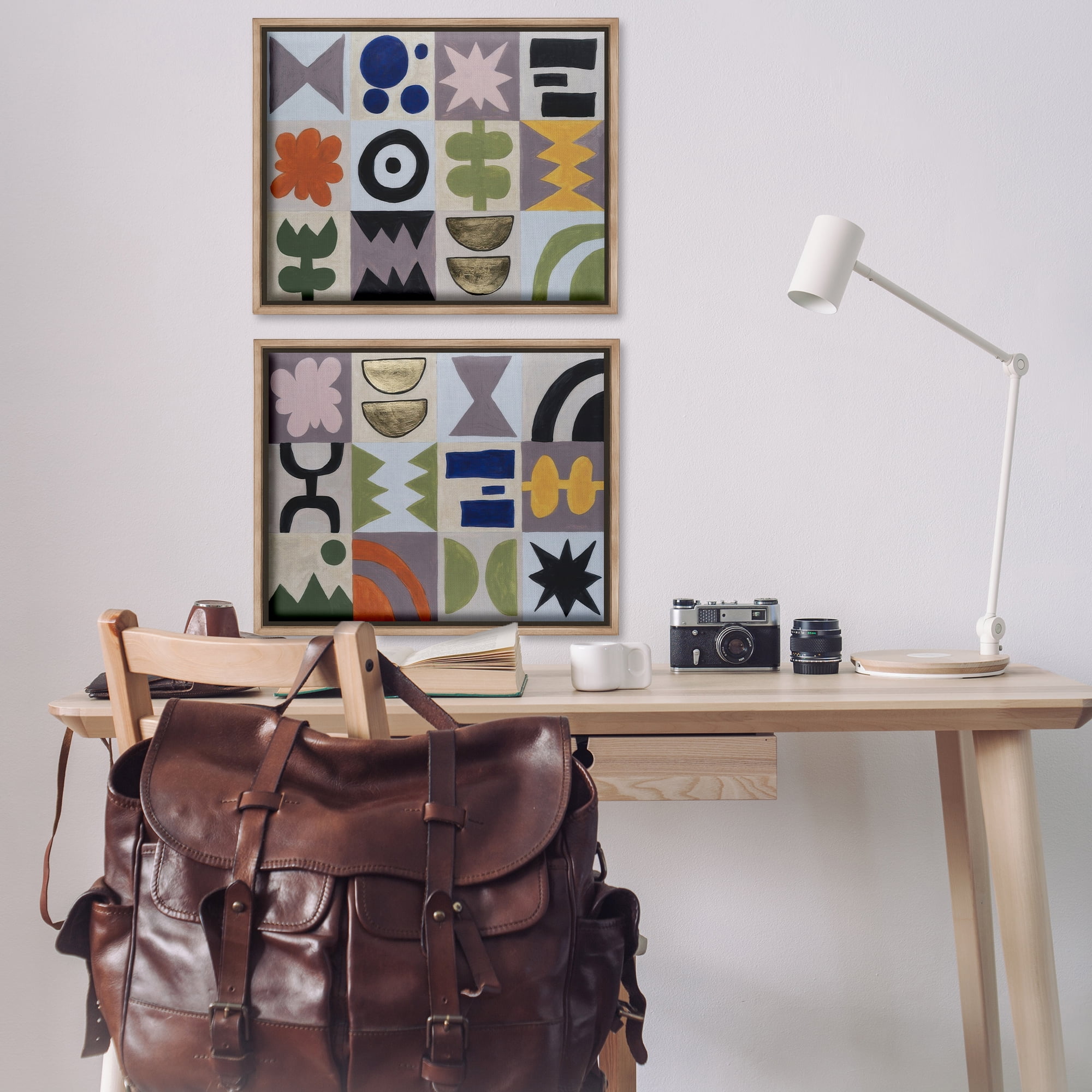 Stupell Industries Bohemian Shapes Squares Abstract Painting Brown Floater Framed Canvas Art Print Wall Art, 31 x 25, Set of 2