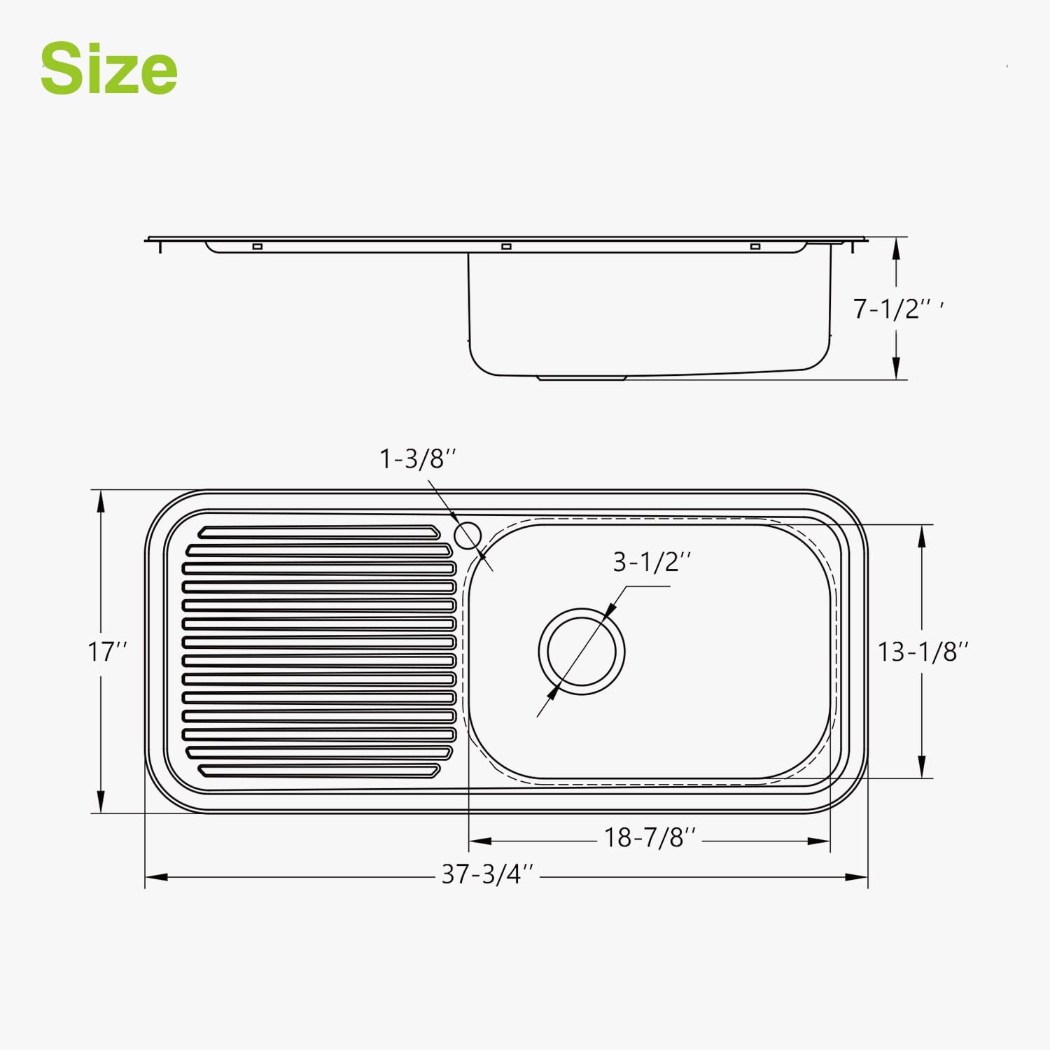 Naiture Drop-In Kitchen Sink, Rectangular Single Bowl Top Mount Sink, 21-Gauge 304 Stainless Steel, 37-3/4" X 17" with Left Drainboard and Single Faucet Hole