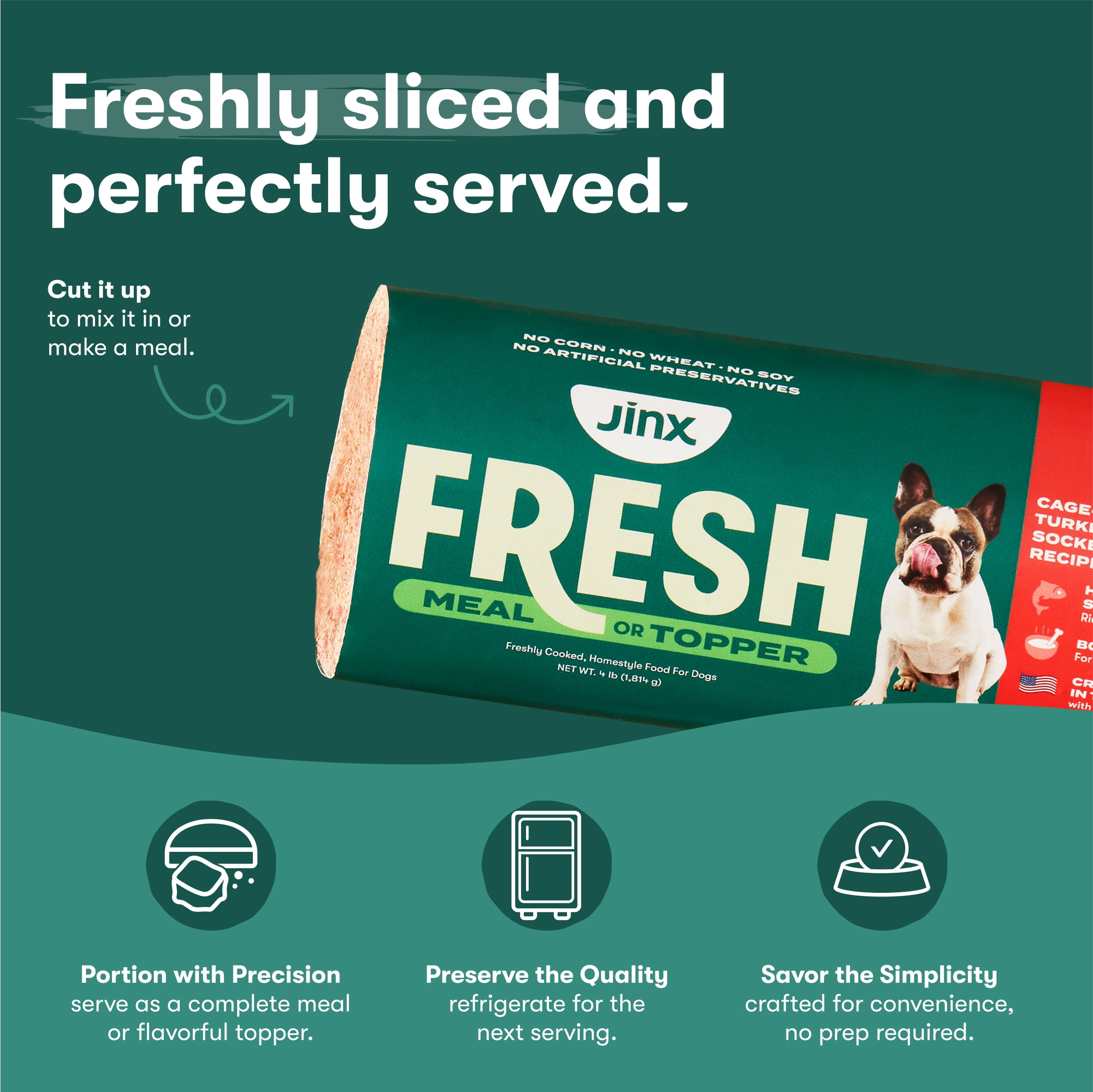 Jinx Fresh Farm-Raised Chicken & Turkey Dog Food Meal or Topper, 4 lb Roll