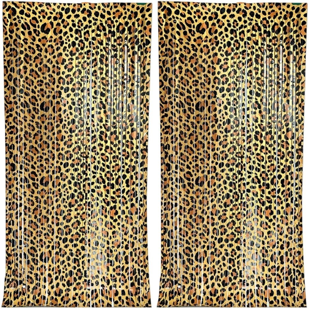 Hzzsbu 2 Pack Leopard Print Tinsel Banner Wild Theme Party Photo Backdrop Door Streamers