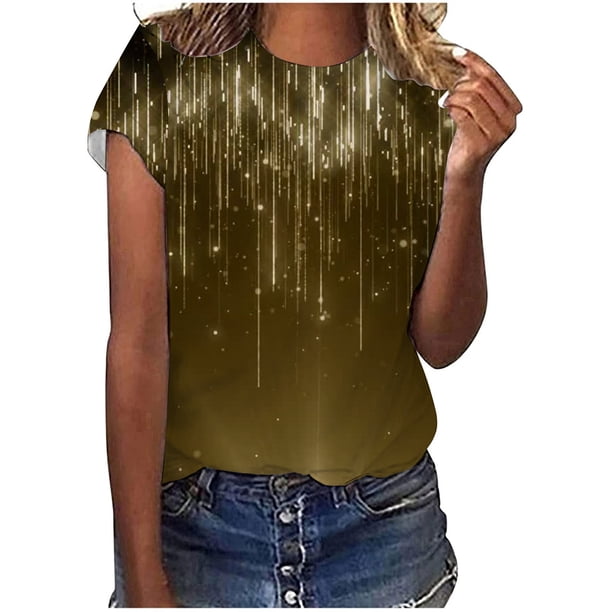 Blusa de manga corta con estampado digital de cuello redondo casual para mujer Pompotops hkajfhjk461696