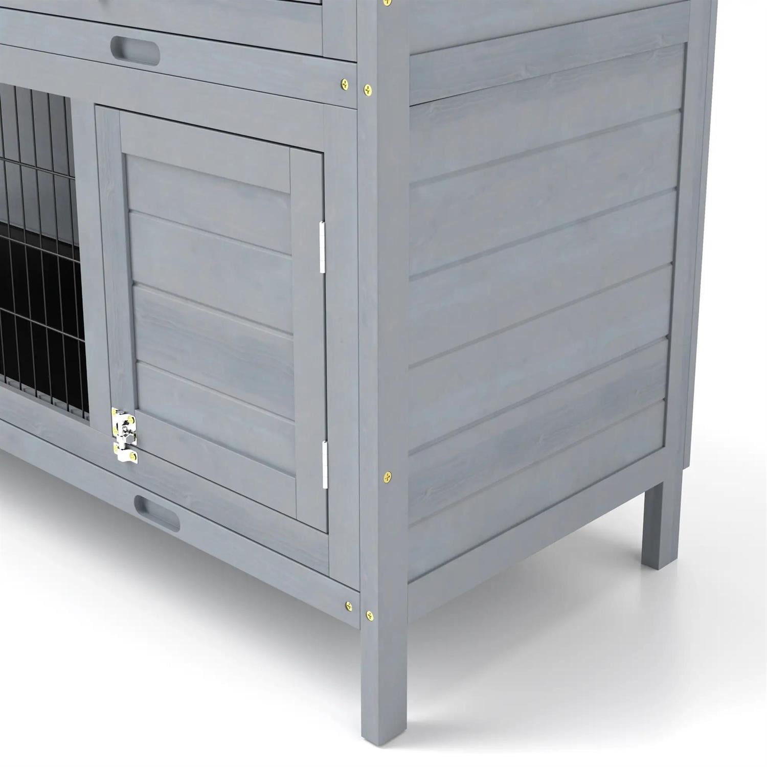 Pefilos 54" Wooden Rabbit Hutch with Lockable Doors, No Leak Tray, Outdoor Bunny Enclosure Guinea Pig Cage for Small Animals, Gray