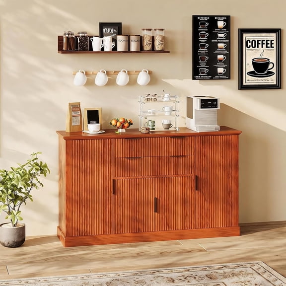 58 Inch Fluted Sideboard Buffet Cabinet with 4 Doors, Adjustable Shelves, Metal Handles, Modern Storage Console Table for Dining Room, Living Room, Kitchen,Walnut