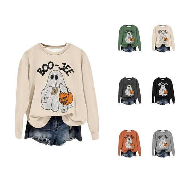 Boo Jee Halloween Sweatshirts for Women 2025 Long Sleeve Crewneck Cute Ghost Graphic Sweatshirt Pullover Tops
