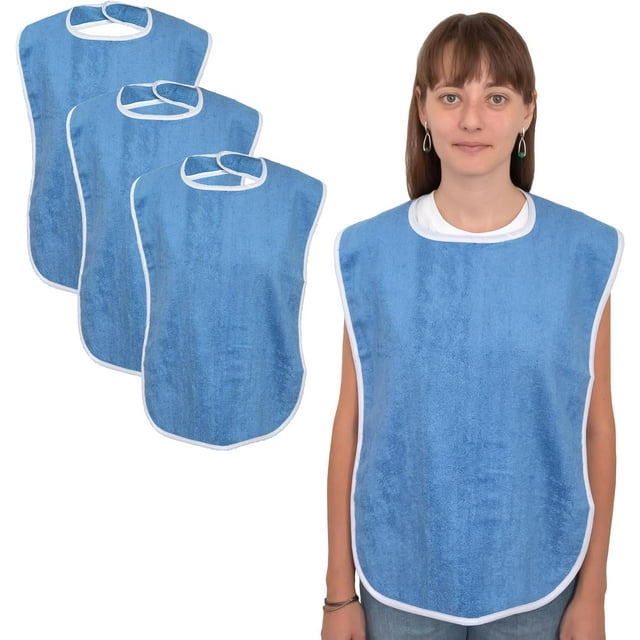 Paquete de 3 baberos premium para adultos: baberos para adultos, hombres, mujeres; Paño para comer para personas mayores y discapacitados, ajustable, azul