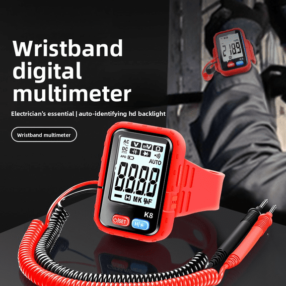 Wrist-Worn Hands-Free Digital Multimeter Rechargeable Type-C AC DC Voltmeter Ohmmeter Continuity Buzzer LED Backlight Data Hold Auto Off Silicone Strap Portable