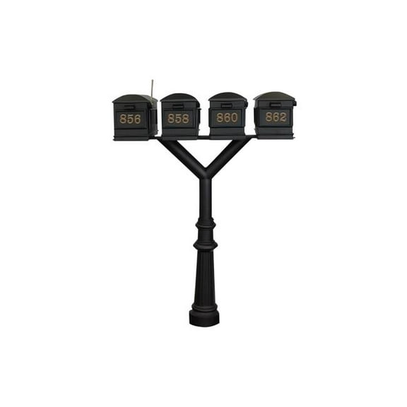 Qualarc PENPST4-800-LM Penfield Quad Mailbox Post System, Decorative Fluted Base with 4 Lewiston Mailboxes - Black