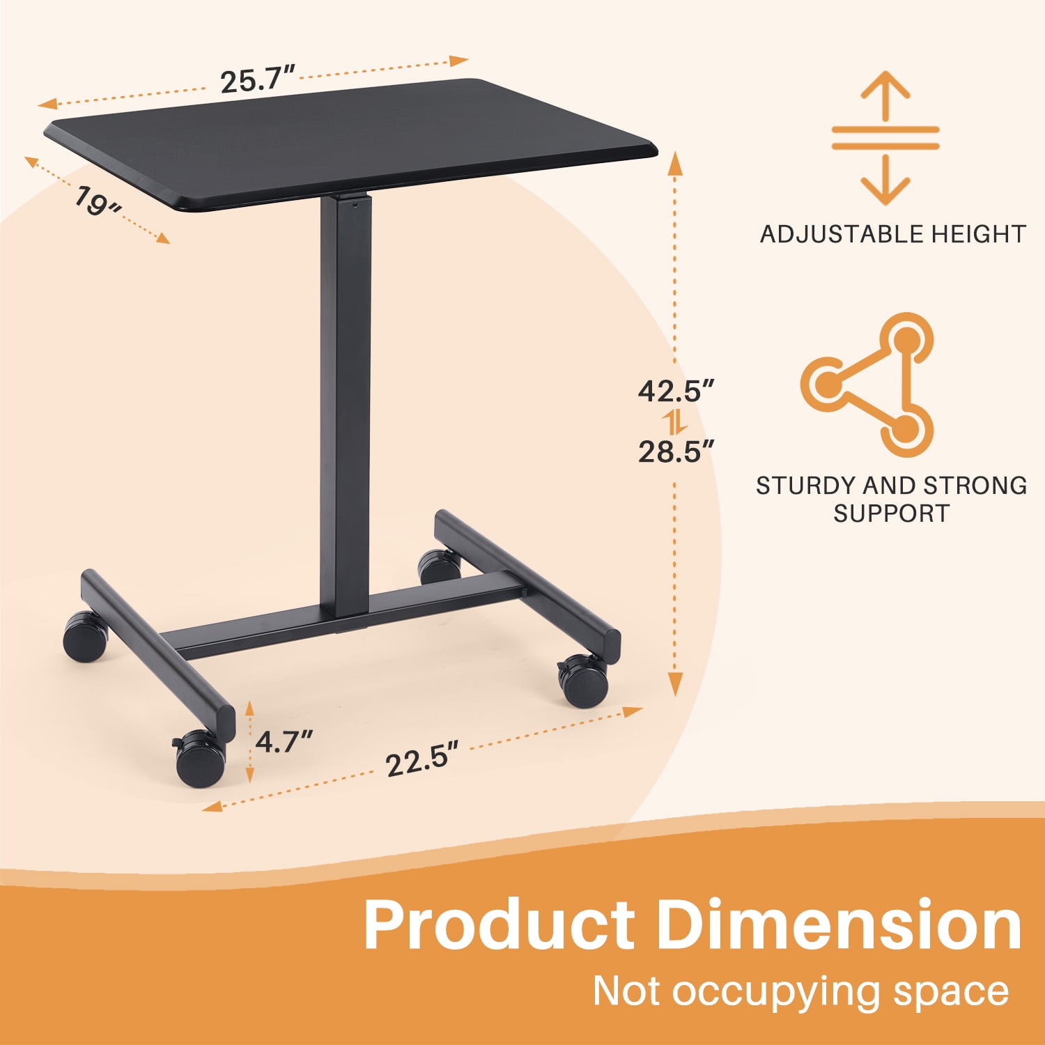 Mobile Small Standing Desk, Sit-Stand Portable Laptop Table with Lockable Wheels, Height Adjustable for Home Office, Black