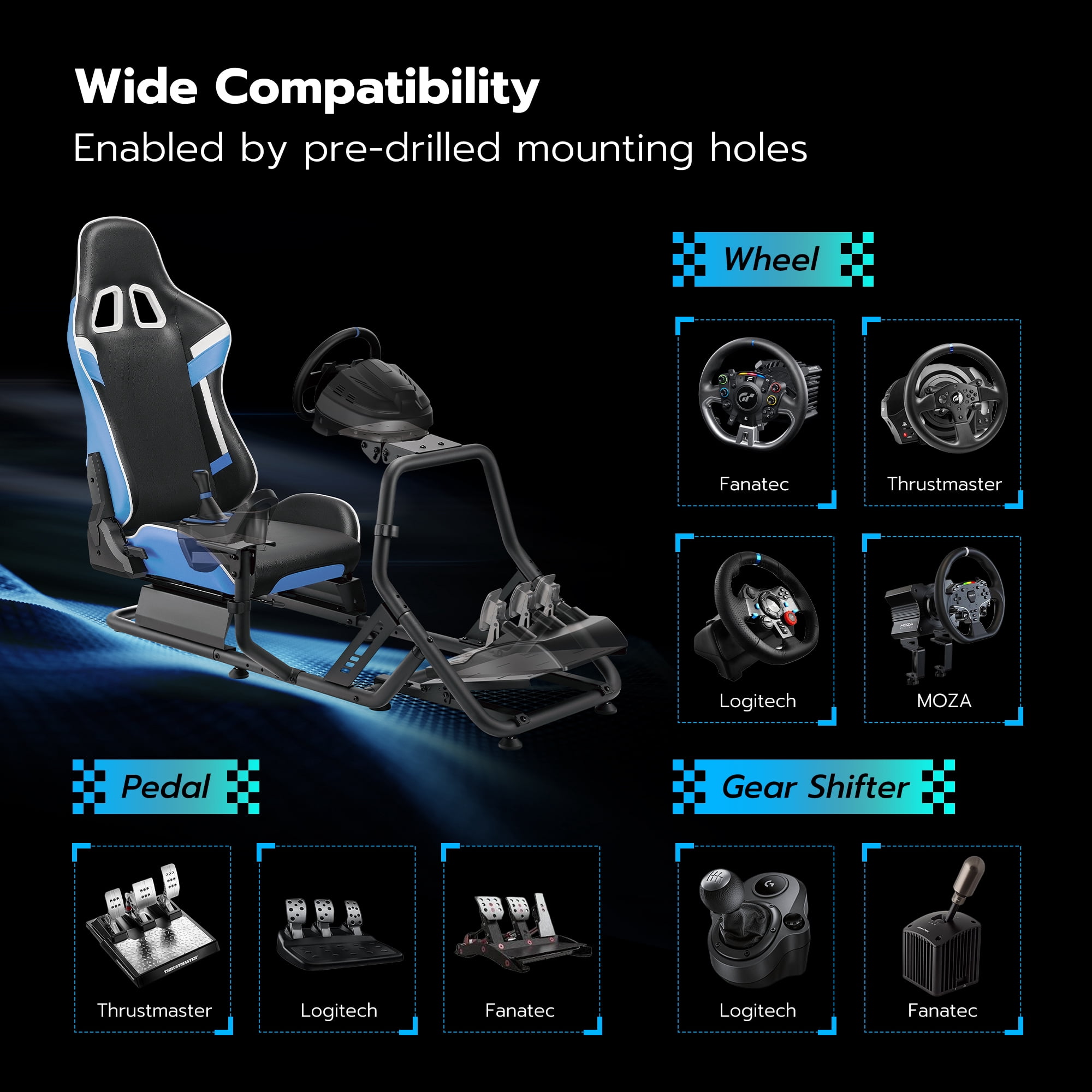 ARES WING Racing Simulator Cockpit with Seat, Adjustable Sim Racing Cockpit Compatible with Logitech, Thrustmaster, Fanatec, Moza, for PS5, PS4, Xbox and PC, Blue