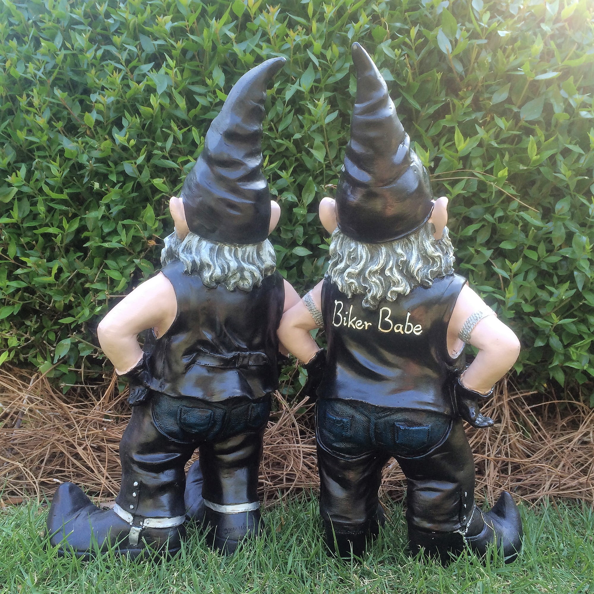 Homestyles "Biker Dude & Babe" the 14.5"H Biker Gnome in Leather Motorcycle Riding Gear Large Outdoor Garden Statue