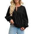 thumbnail image 2 of Women'S Button Crew Neck Sweater Fall Long Sleeve Henley Shirts Trendy Loose Knit Pullover Tops Black S, 2 of 8